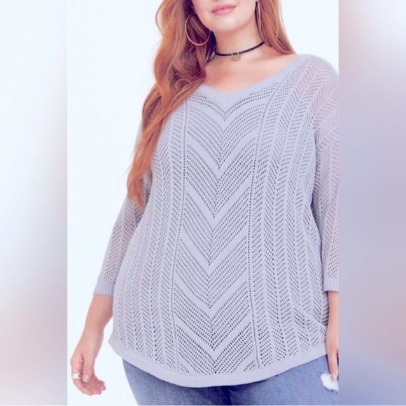 Torrid Womens Gray V-Neck 3/4 Sleeve Open Knit Textured Sweater - Picture 2 of 11